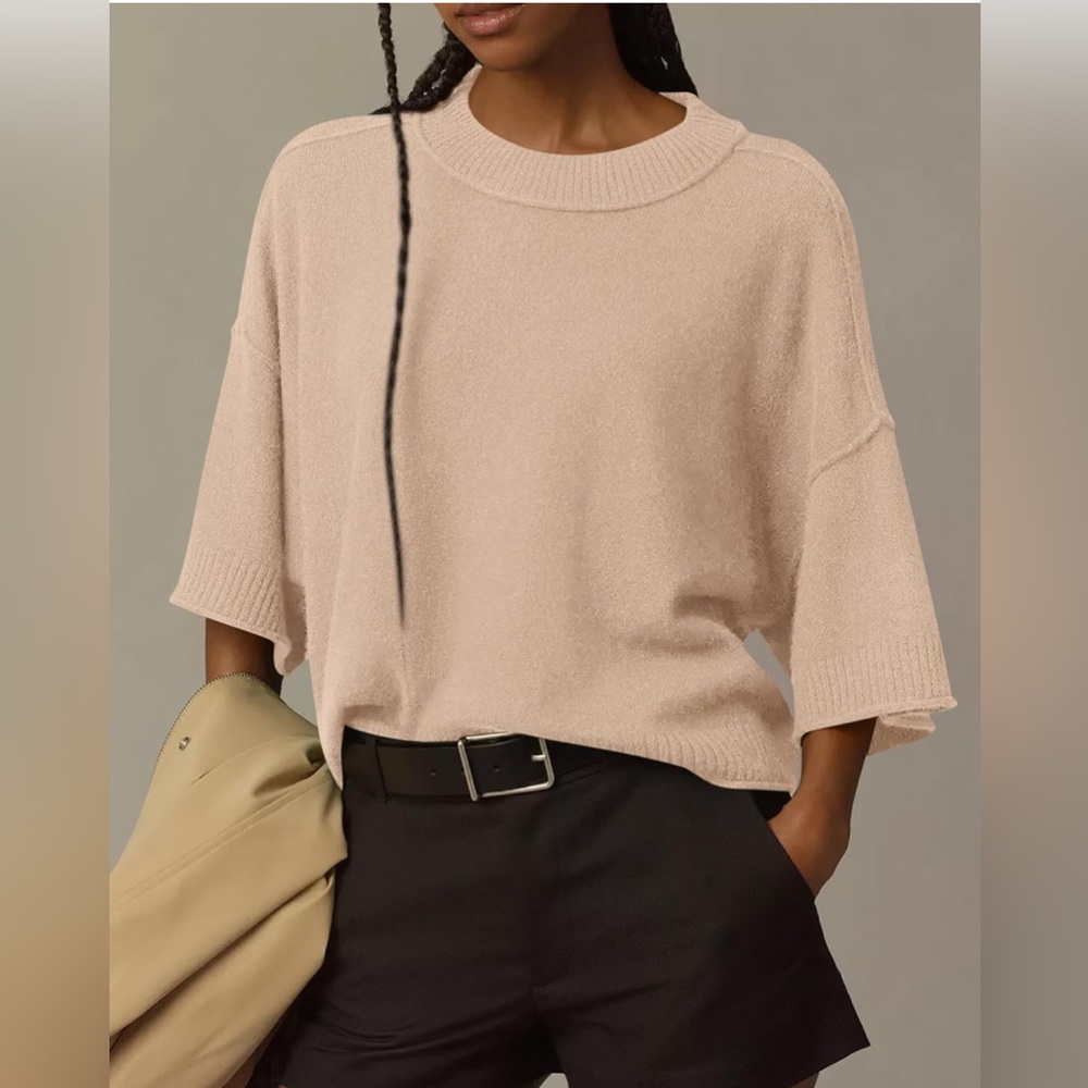 BTFBM Women’s Oversized 3/4 Sleeve Sweater Khaki Crew Neck Size Medium